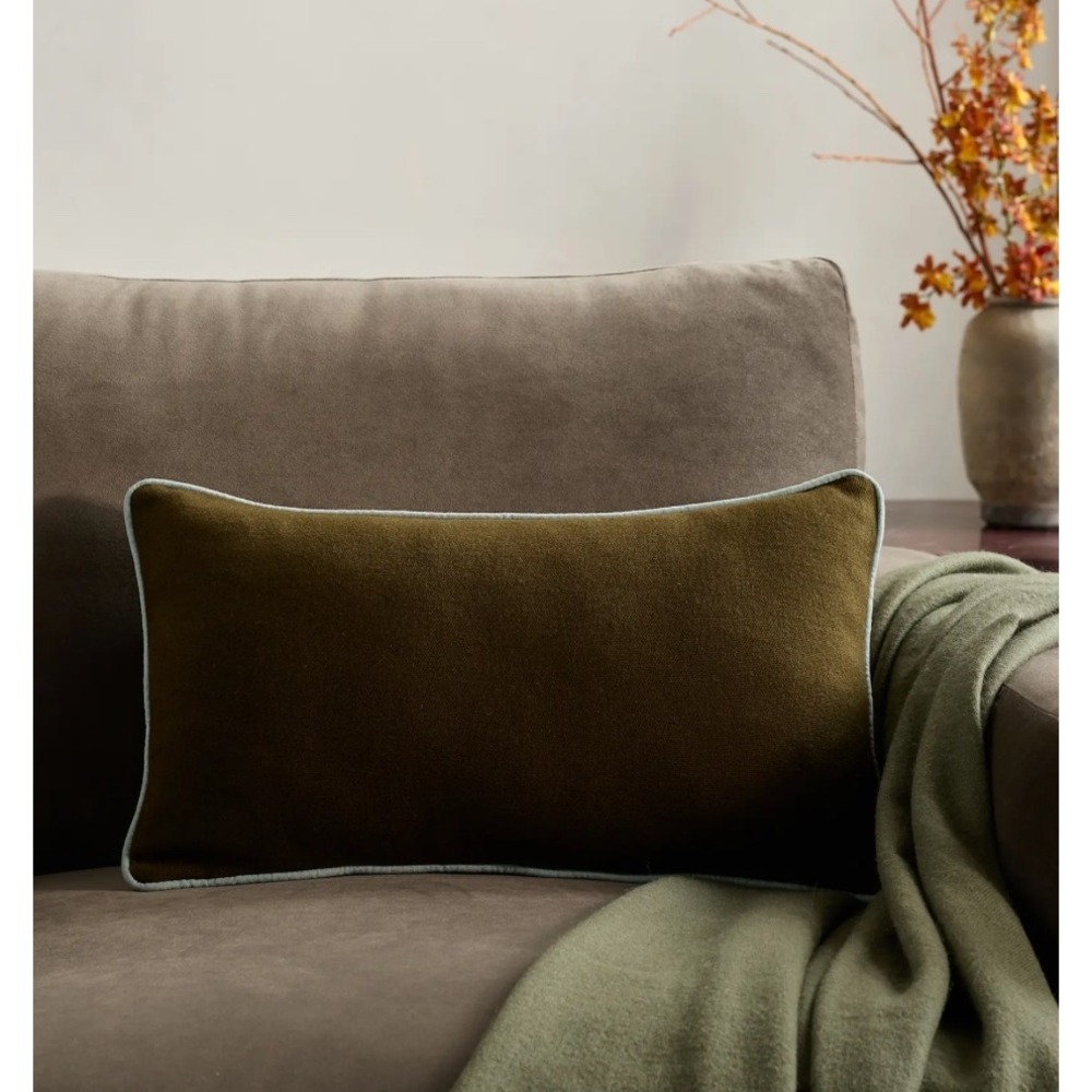 Quince Olive Green with Blue Piped 100% Wool Pillow Cover, 12x20